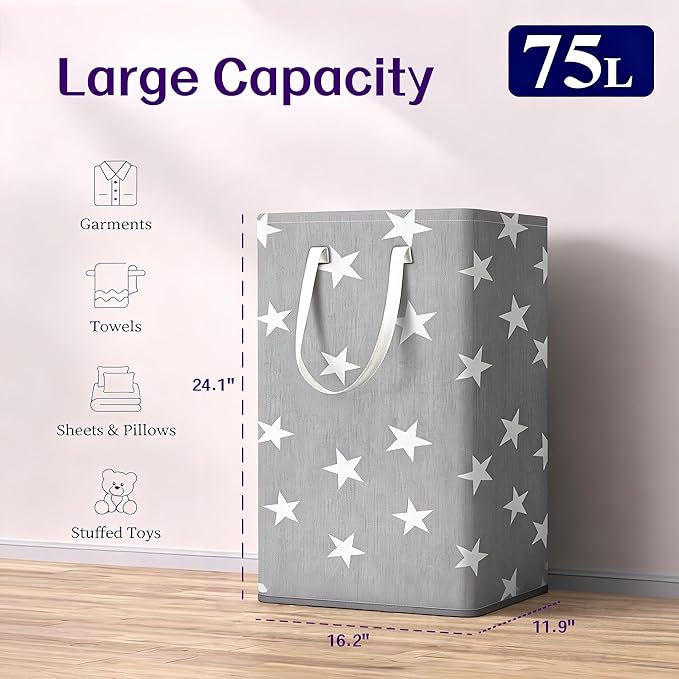 Laundry Basket, Large Clothes Hamper Collapsible, Sturdy, Free-Standing with Reinforced Handles for Bedroom, Bathroom, Dorm