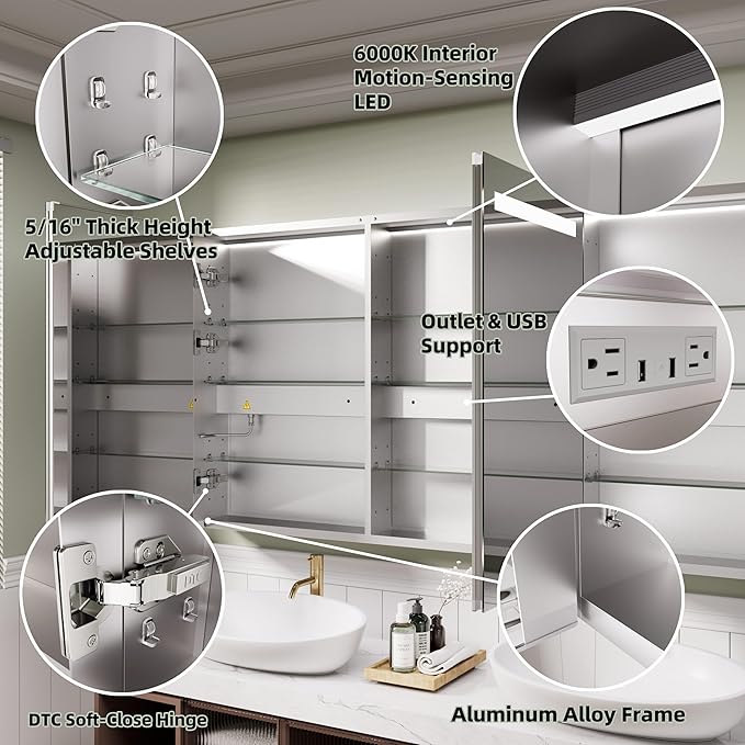 LED Medicine Cabinet Mirror, 48x30 Inch Bathroom Storage, Recessed/Wall Mount, Plug-in/Hardwired, 3 Color Dimmable Light, Anti-Fog, Time Temp Display