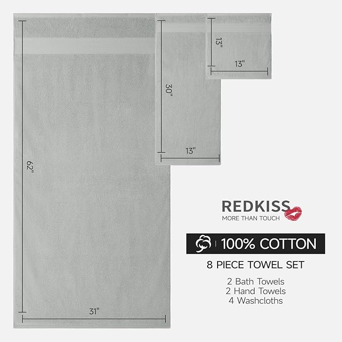 REDKISS 8 Piece Grey Towels Set - 100% Cotton Towels Set with 2 Large Bath Towels, 2 Hand, 4 Washcloths, 600 GSM Highly Absorbent Bath Towel Sets, Gray Quick Dry Shower Towel for Family Gym