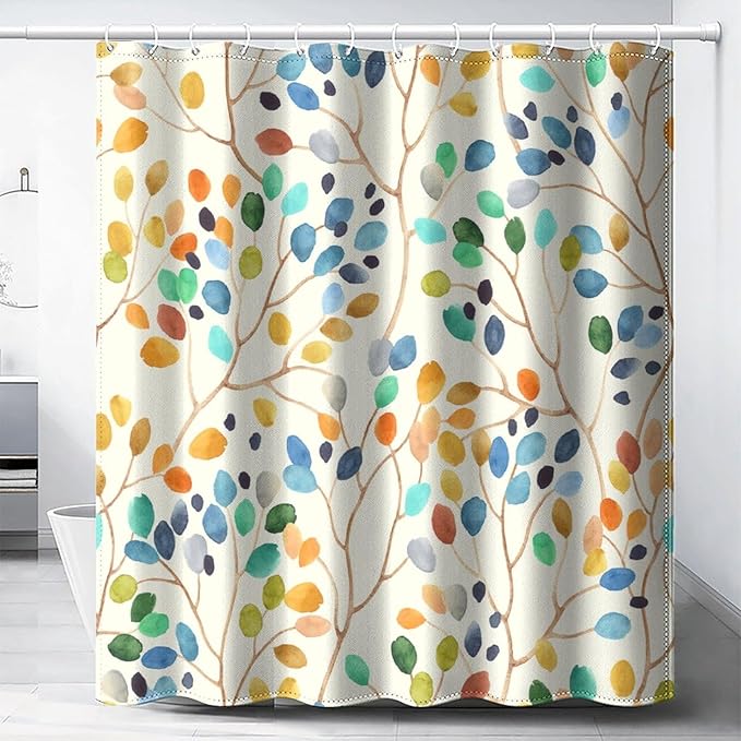 Boho Floral Shower Curtain, Spring Colorful Botanical Flower Leaves Bohemian Fabric Shower Curtain Set with 12 Hooks, Bathroom Bathtub Decor Cloth Curtain 66x72 Inches(168x183cm), Style-11