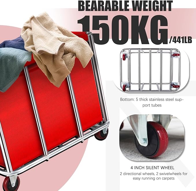 Commercial Laundry Cart with Wheels, 400L Large Rolling Laundry Cart with Steel Frame and Oxford Cloth, Heavy Duty Industrial Laundry Cart for Home,Hotel,Laundry Room, 441 lbs Load (Red-8)