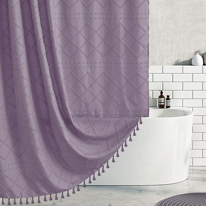 Extra Long Purple Boho Shower Curtain Woven Fabric Cute 84 Inch Shower Curtain, 72 x 84 Tufted Chevron Textured Striped Modern Farmhouse Minimalist Cloth Shower Curtain for Bathroom