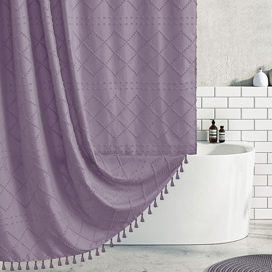 Boho Shower Curtain Purple Woven Fabric Cute Shower Curtain, 72 x 72 Tufted Chevron Textured Striped Modern Farmhouse Minimalist Cloth Shower Curtains for Bathroom