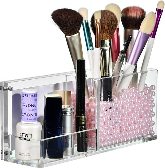 AMT CLEAR Acrylic Make Up Organizer, Business License Frame for Cosmetology or Other Businesses, Makeup Brush Holder, Pen Holder,Business Card Display (Pink)