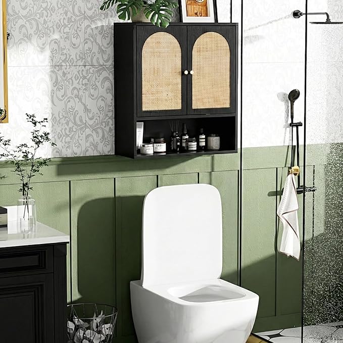 VINGLI Black Rattan Medicine Cabinet Wall Mounted, Arched Modern Farmhouse Storage Over Toilet with Adjustable Shelf & Soft-Close Doors, Moisture-Resistant Cane Webbing Organizer