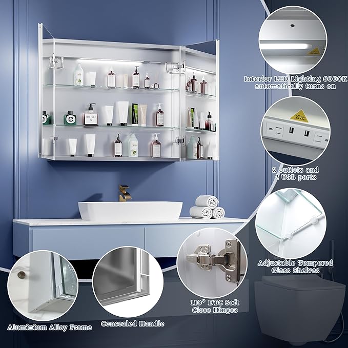 ExBrite LED Lighted Bathroom Medicine Cabinet with Mirror, 30 x 26 Inch, Recessed or Surface Mount, Anti-Fog, Stepless Dimming, Color Temperature Change, Built-in 6000K Sensor Light, Storage Shelves