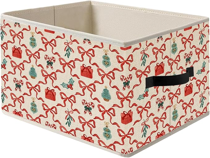 Coquette Red Bow Christmas Storage Bins, Preppy Girly Red and Green Christmas Tree Candy Canes Holiday Foldable Closet Organizers Storage Basket Toybox for Clothes Bed Sheets Blankets Toys