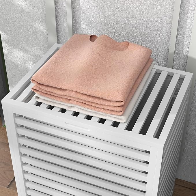 HOMCOM Bamboo Laundry Hamper with Lid, Laundry Basket with Removable Liner Bag, Dirty Clothes Hamper, 19.75 x 14.25 x 23.5 Inches, White