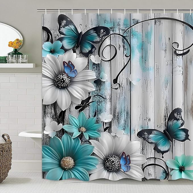AZHM Relief Daisies and Butterflies Shower Curtain Set 4pcs Rustic Farmhouse Bathroom Decor Set with Shower Curtain and Rugs and Accessories