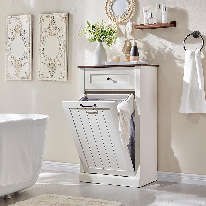 IFBUY Tilt Out Laundry Hamper Cabinet, 10 Gallon Farmhouse Trash Can Cabinet with Drawer, Hidden Wood Garbage Can Bin Cabinet with Laundry Storage Basket for Bathroom, Kitchen, Antique White