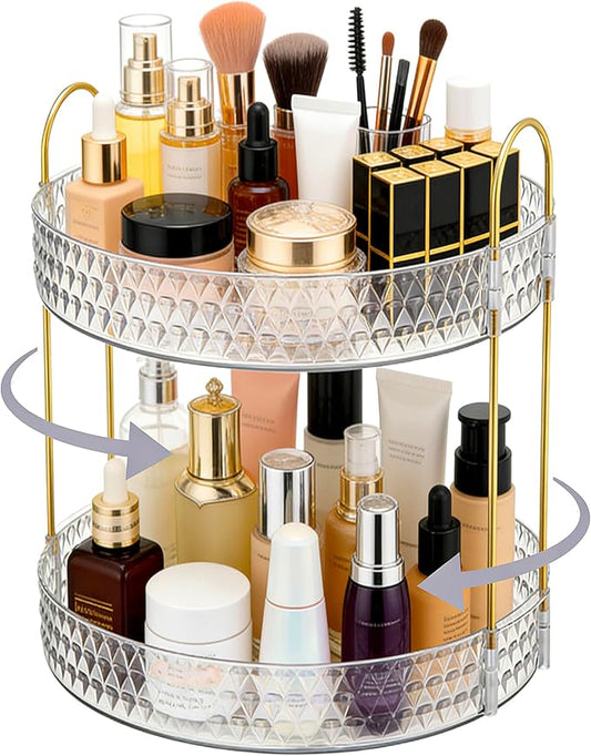 360° Rotating Cosmetic Display Case, 2-Tier Large Capacity Makeup Organizer for Bathroom Counter or Vanity, Clear White Acrylic Storage Rack for Skincare, Perfume and Beauty Essentials