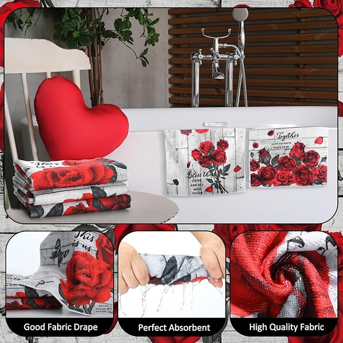 Tatuo 8 Pcs Red Rose Shower Curtain Set Rose Home Romantic Farmhouse Bathroom Decor Accessories Sets Black Red Waterproof Shower Curtain with Towels Carpet Bath Mat Toilet Rugs and 12 Hooks