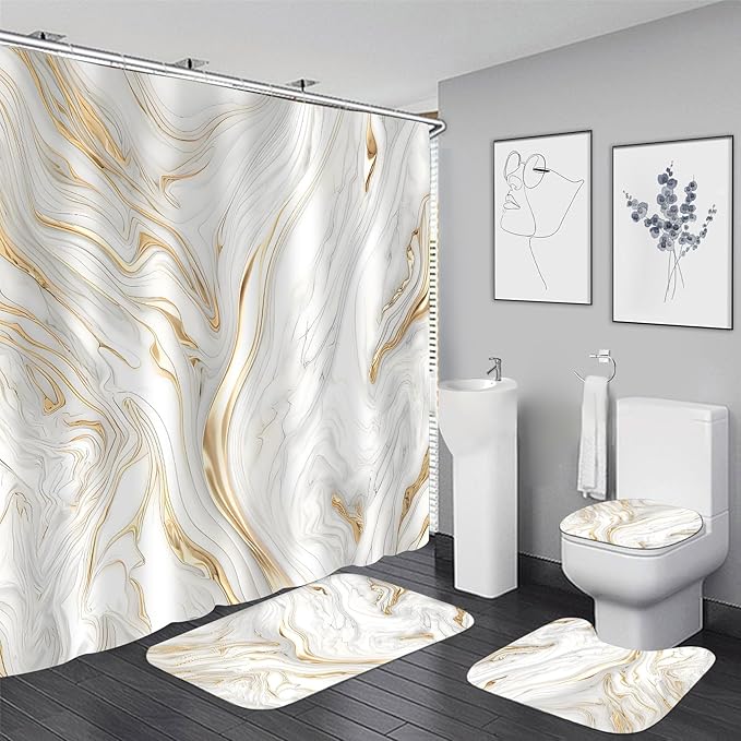 Nkzply 4 Pcs White Marble Shower Curtain Set Gold Bathroom Sets with Shower Curtain and Rugs Modern Abstract Bathroom Decor Accessories Bathroom Rugs Toilet Lid Cover with Hooks