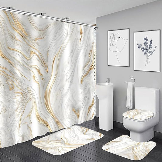 Nkzply 4 Pcs White Marble Shower Curtain Set Gold Bathroom Sets with Shower Curtain and Rugs Modern Abstract Bathroom Decor Accessories Bathroom Rugs Toilet Lid Cover with Hooks
