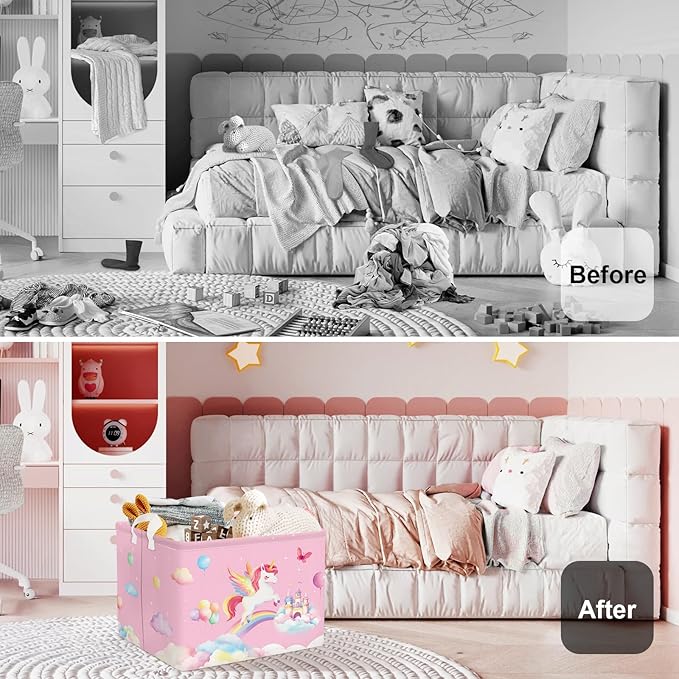 Unicorn Laundry Hamper Large Storage Basket Rainbow Clouds Collapsible Parents Organizer Kids Toy Clothes Bins for Bedroom, Bathroom, Rainbow, 36L