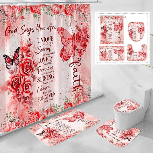 Litabel 4 Pcs Red Butterfly Inspirational Quotes Shower Curtain Set with Rugs and Toilet Lid Cover, Colorful Boho Waterproof Fabric Bathroom Set, Bible Verse Floral Bathroom Decor Set Accessories