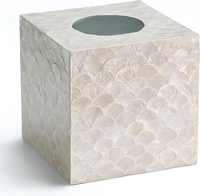 CHI AN HOME 5.8” Capiz Tissue Box Cover, Square Decorative Tissue Holder with Bottom Slider, Handmade Bathroom Accessories, Elegant White Cube for Vanity, Bedroom, Office & Coastal Décor (Natural)