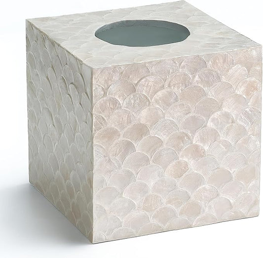CHI AN HOME 5.8” Capiz Tissue Box Cover, Square Decorative Tissue Holder with Bottom Slider, Handmade Bathroom Accessories, Elegant White Cube for Vanity, Bedroom, Office & Coastal Décor (Natural)