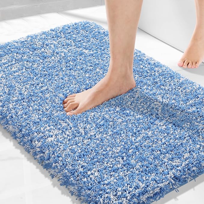 Yimobra Bath Rugs for Bathroom 32x20, Ultra Soft and Water Absorbent Bath Mats, Non Slip Plush Shower Mat Outside, Microfiber Thick Matts for Bathroom Floor/Tub, Machine Washable, Blue and White