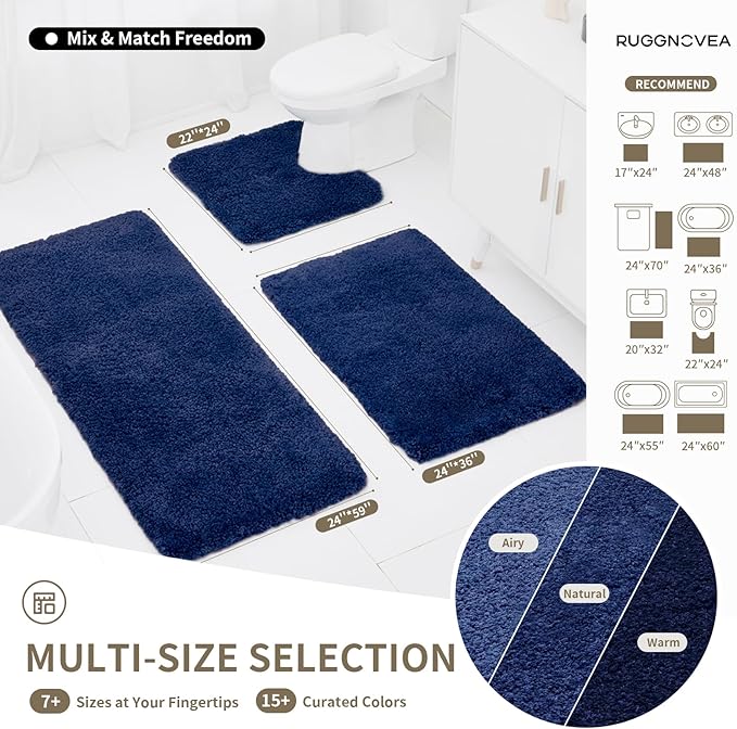 Bathroom Rugs Non Slip Washable 48x24, Ultra Thick Soft Microfiber Absorbent Bath Mats, High Density Foam Latex Non Slip Backing Bath Rugs, Fluffy Floor Carpet for Tub&Shower, Navy