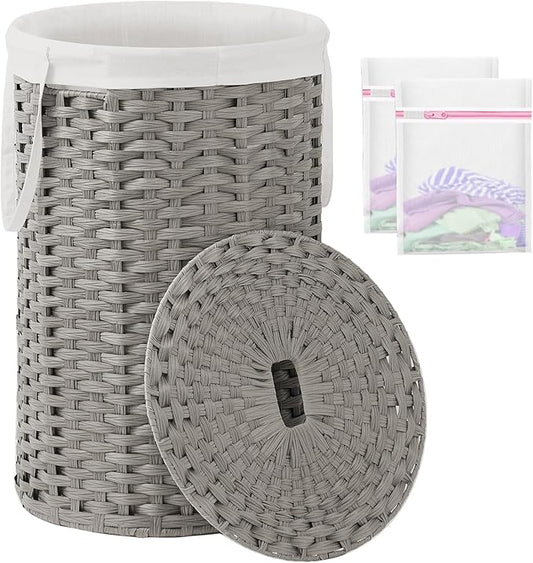 SETVSON Large Laundry Hamper Laundry Basket Round 34.3 Gal (130 L) Handwoven Wicker Laundry Baskets Rattan Laundry Basket with Laundry Bag Handles 2 Mesh Bags for Living Room Bedroom Gray