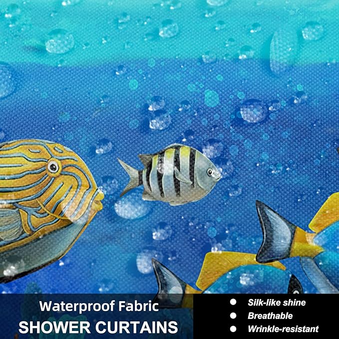 4Pcs Colorful Tropical Fish Bathroom Sets with Shower Curtain and Rugs, Cartoon Ocean Theme Full Bathroom Set, Light Blue Soft Fabric Shower Curtain Set with 12 Pcs Hooks, Set de baño