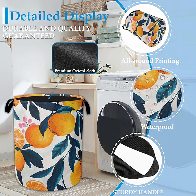 Lemon Floral Laundry Basket Collapsible Laundry Hamper with Handle, Oxford Clothes Toy Storage Bin for Bathroom Bedroom Room Decor 16" X 20.8"