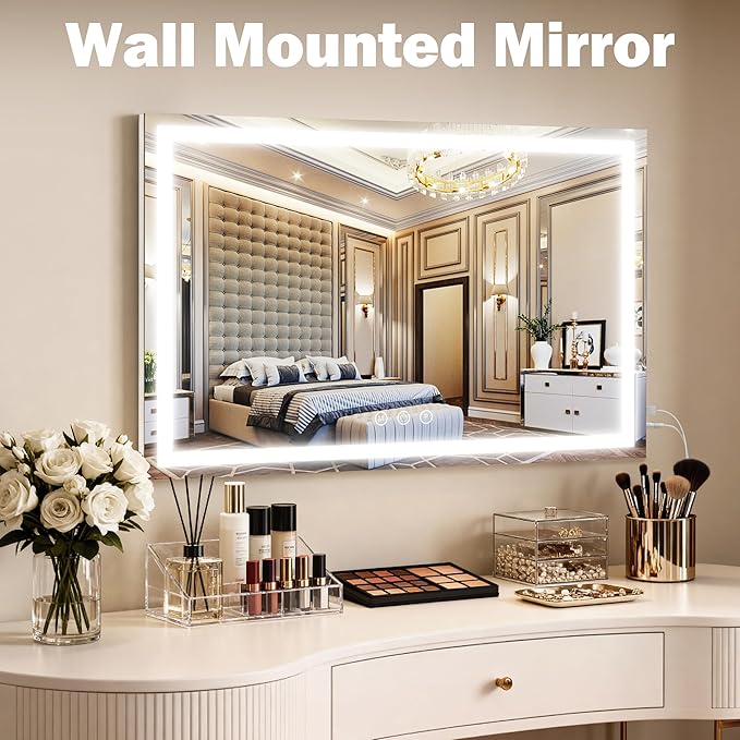 ROLOVE 39" x 28" Extra Large Vanity Mirror with Lights, Lighted Makeup Mirror with USB Charging Port & 10X Magnifier, 3 Color Dimmable Smart Touch, Wall Mounted or Tabletop Desk Mirror, White