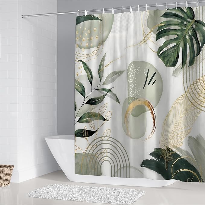 FZDHHY 4Pcs Green Shower Curtain Set, Modern Boho Bathroom Sets, Modern Luxury Bathroom Sets with Shower Curtain and Rugs, Shower Curtain with 12 Hooks