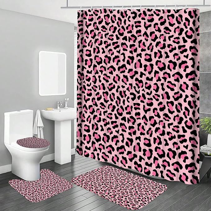 Onalasyc 4 Pcs Leopard Shower Curtain,Cheetah Shower Curtain Bathroom Set,Pink Animal Print Leopard Waterproof Bathroom Sets with Shower Curtain and Rugs,juego de baño,with 12 Pcs Hooks