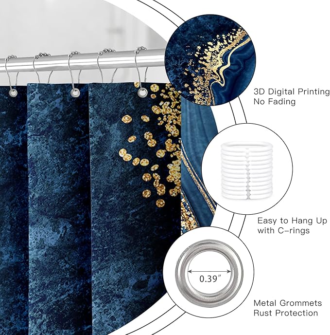 4PCS Navy Blue Gold Marble Bathroom Sets with Shower Curtain and Rugs, Abstract Shower Curtain Sets with Rugs for Bathroom Decor, Modern Bathroom Curtains Shower Set with Toilet Lid Cover
