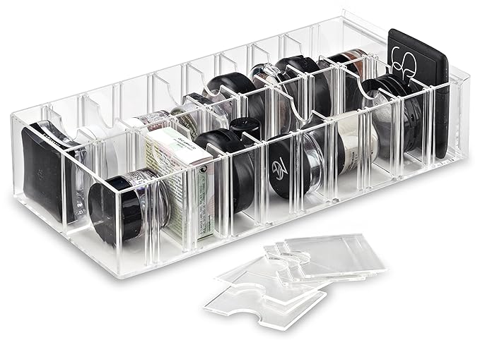 byAlegory Acrylic Universal Makeup Organizer Tower w/Removable Dividers Can Stand or Lay Flat on Vanity Desk or in Drawer | 20 Space Cosmetic Storage Container - Clear