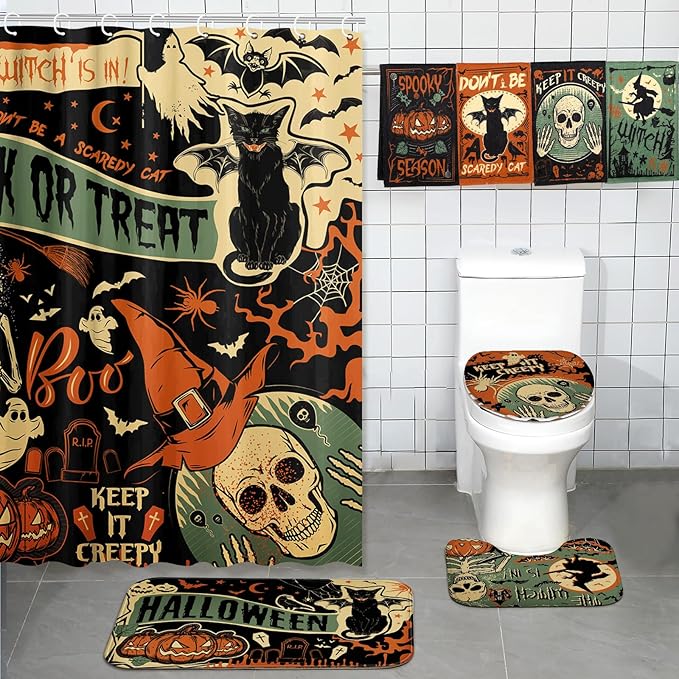 FuWeave 8 Pcs Halloween Shower Curtain Set for Bathroom Include Vintage Ghost Pumpkin Bat Cat Towels Non Slip Skull Rugs Toilet Lid Cover Spider Web Bath Mat and 12 Hooks for Halloween Bathroom Decor