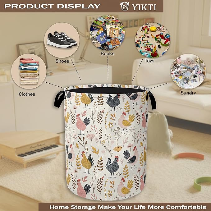 Laundry Hamper,Rustic Roosters Laundry Basket,Farmhouse Leaves Portable Collapsible Laundry Room Organization Storage for Dorm Room,Nursery,Bathroom,Bedroom,16x20 Inch