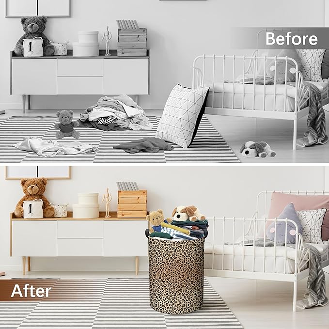 Leopard Print Laundry Basket, Collapsible Waterproof Oxford Cloth Laundry Hamper, Funny Round Kids Toys Storage Basket as Room Decor, Dirty Clothes Hamper for Bedroom Bathroom Dorm