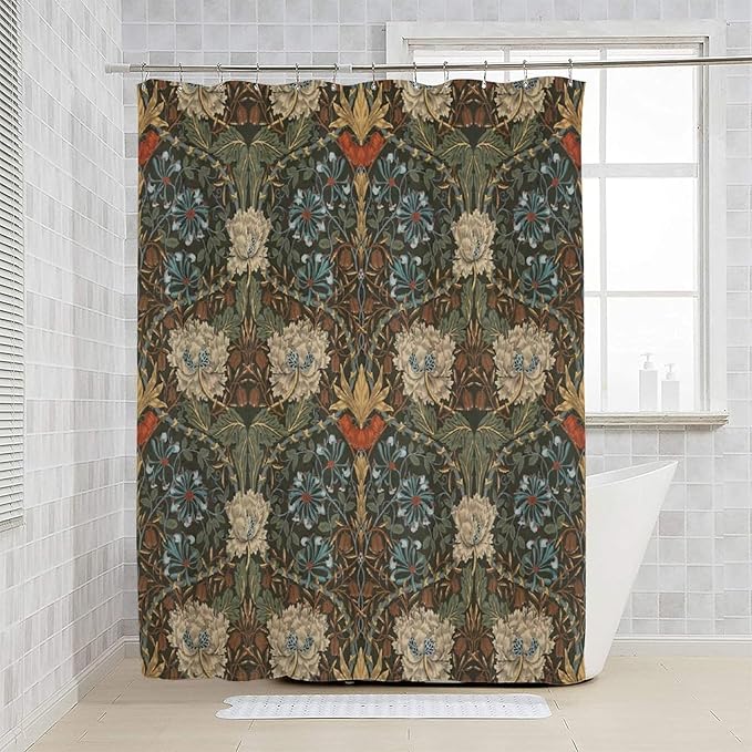 Retro Flower Shower Curtains William Morris Vintage Country Boho Flower Art Print Shower Curtains 66""×72"" Inch, Style-1