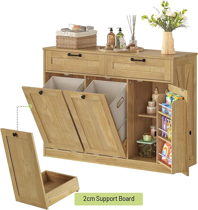 Double Tilt Out Laundry Hamper Cabinet, 43.3" Laundry Cabinet with 2 Removable Baskets, Farmhouse Wooden Hidden Trash Bin Cabinet with Open Shelving, for Bathroom, Natural