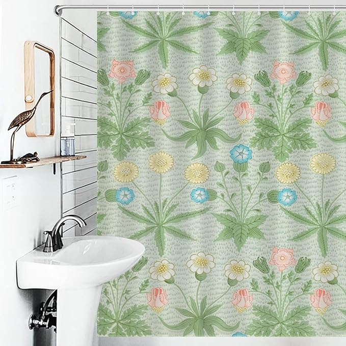 William Morris Floral Shower Curtain,Mid Century Vintage Flower Green Plant Abstract Pattern Print Shower Curtains Sets Polyester Waterproof Fabric Decor Bathroom Curtain 72"×72" Inch With 12 Hooks