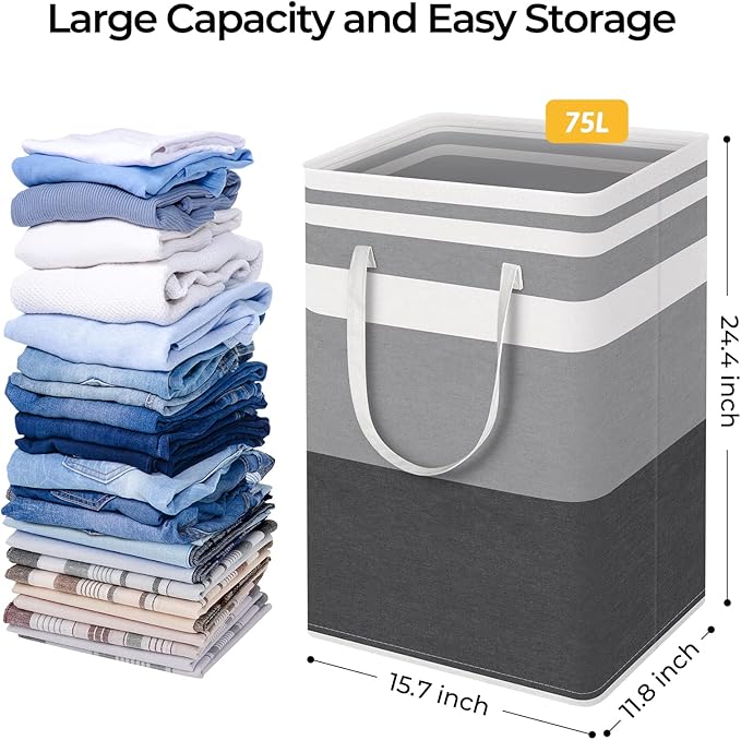 HomeHacks 3-Pack Large Laundry Basket,75L Each Waterproof, Freestanding Laundry Hamper, Collapsible Tall Clothes Hamper with Extended Handles for Clothes in the Dorm and Family-Gradient Grey