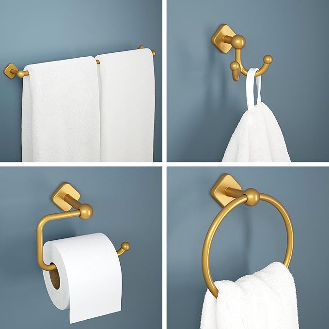 Franklin Brass Gainesville 4-Piece Bathroom Set Satin Gold 18" + 6" Towel Rack, Toilet Paper Holder, Hand Towel Holder, Hook | 4-Piece Bath Hardware Accessories Set GNV64-SG