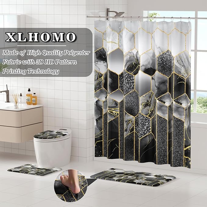 XLHOMO Bathroom Sets with Shower Curtain and Rugs - 4PC Black Geometric Shower Curtain Set with 12 Hooks, Toilet Cover, U-Shaped Mat and Rugs Modern Abstract Bathroom Accessories for Bathroom