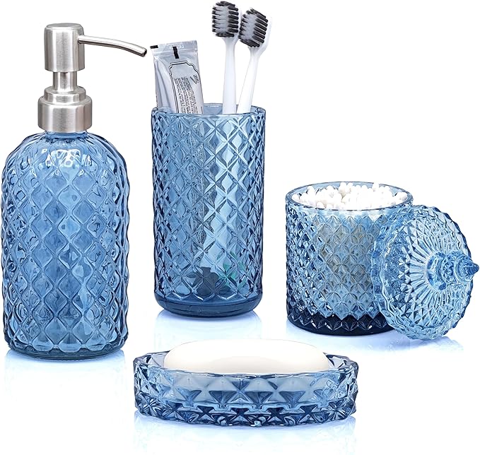 LaMarriti Blue Bathroom Accessories Set, 4Pcs Clear Glass Bathroom Accessory Set, Lotion Soap Dispenser, Toothbrush Holder Set, Soap Dish, Qtip Holder for Vintage Crystal Bath Decor, Light Blue