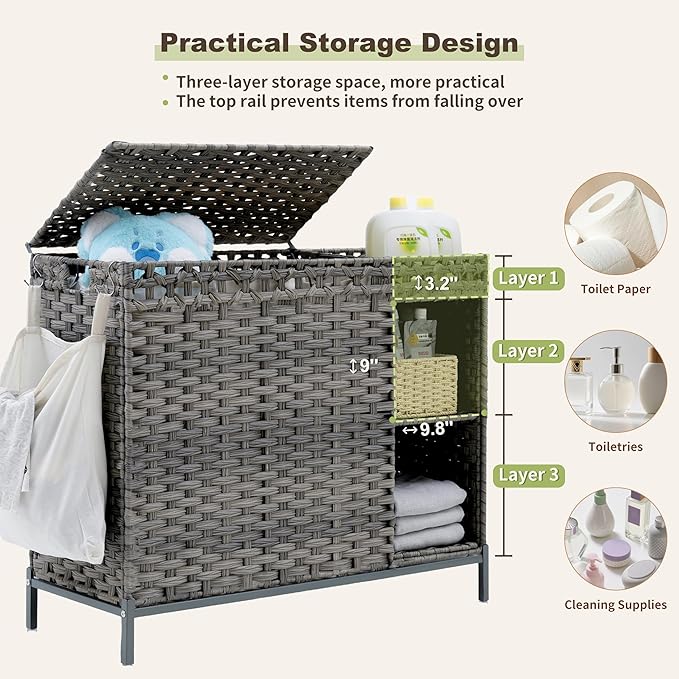 Gitelsnour Laundry Hamper with Lid, 130L (34.4 Gal) Rattan Laundry Hamper 3 Section with 50L(13.2 Gal) Storage Shelf, Wicker Woven Laundry Sorter Basket with 4 Liner Bags and Handles, Natural GLH003N