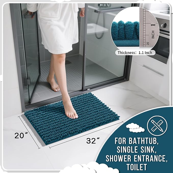 Yimobra Bathroom Rugs Non Slip Washable 32x20 Inch - Ultra Soft Absorbent Chenille Bath Mat, Quick Dry Shaggy Floor Carpet for Tub Shower, Peacock Blue Home Decor Accessories