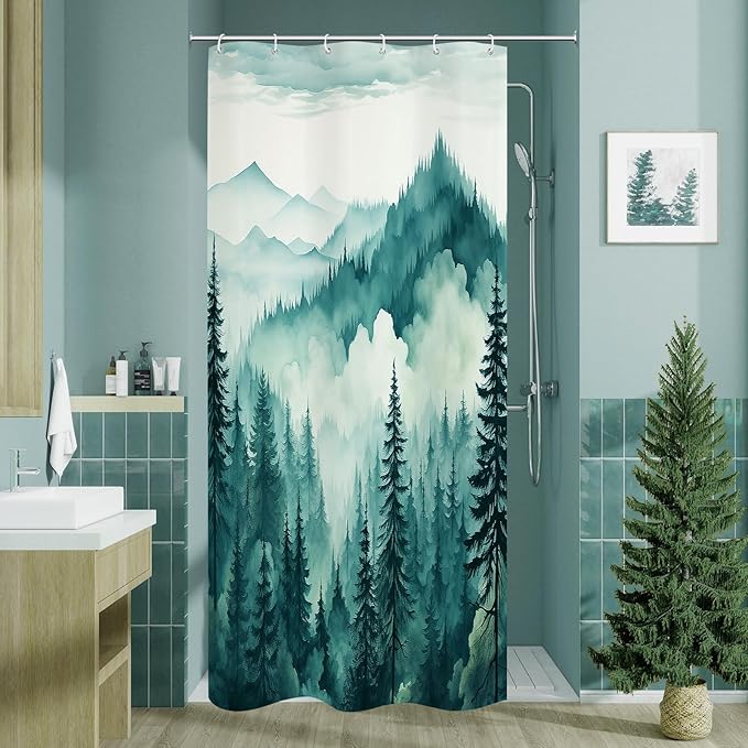 Teal Blue Small Stall Misty Pine Forest Shower Curtain 36 x 72, Mountain Foggy Woodland Scenery Tree Narrow Half Size Shower Curtains for Bathroom, Turquoise Waterproof Nature-Themed Decor