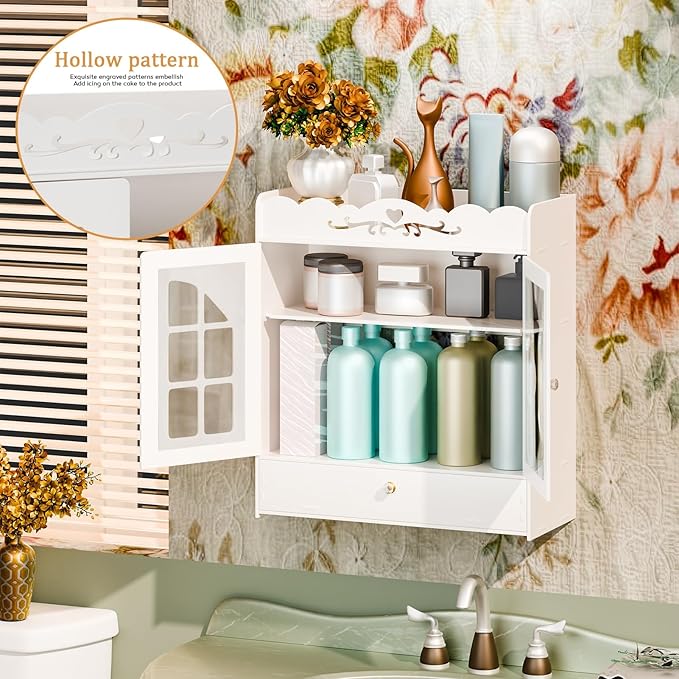 Wall-Mounted Bathroom Cabinet, Punch-Free Bathroom Storage Organizer with Hollow Flower Carving, Bathroom Wall Shelf Bathroom Storage Cabinet with 2 Doors & Drawer, Ideal for Cosmetics Toile