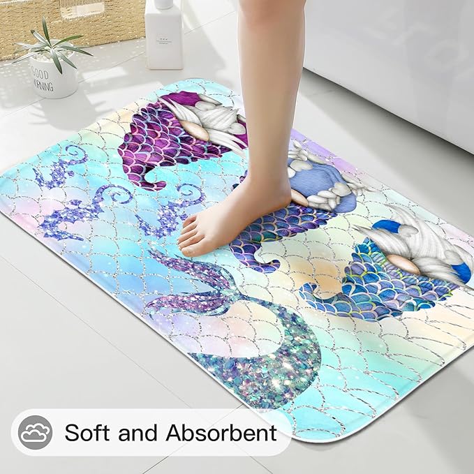 Litabel 4 Pcs Summer Mermaid Gnomes Shower Curtain Set with Non-Slip Rugs, Toilet Lid Cover and Bath Mat,Ocean Bathroom Decor Set with Shower Curtain and Rugs(Hooks Not Included)