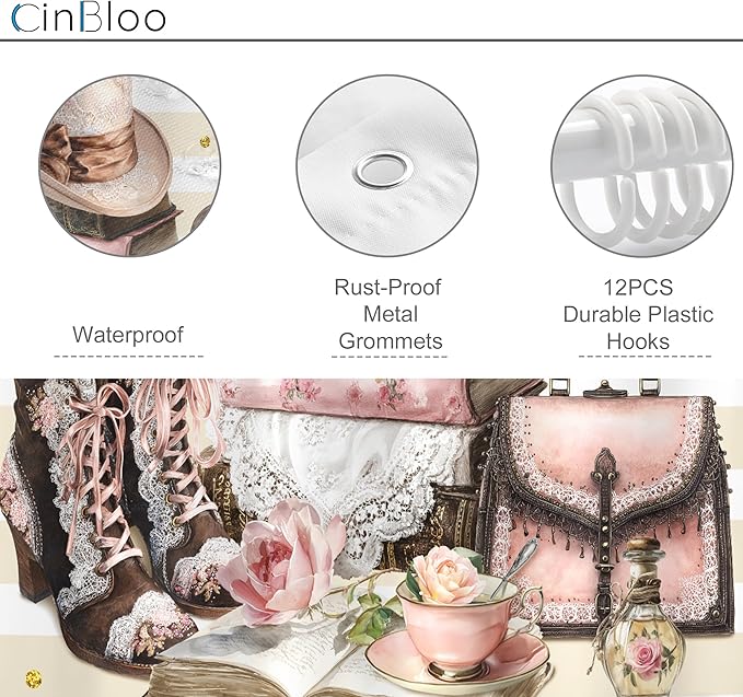 Cinbloo 4Pcs Pink Brown Shower Curtain Set, Vintage Fashion Lace Flower Beige White Striped Books Boots Cups Bathroom Curtain with Rug, Toilet Lid Cover, Bath Mat, Women Shower Curtain with 12 Hooks