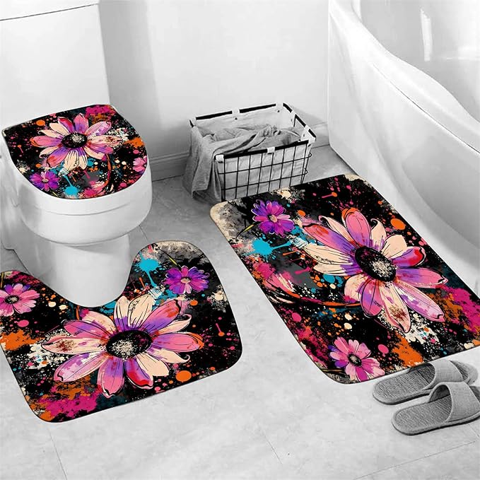 AZHM Watercolor Daisy Floral Shower Curtain Set 4 PCS Black and Pink Rustic Farmhouse Floral Bathroom Accessories Set Includes Shower Curtain, Non-Slip Rugs Toilet Lid Cover and Bath Mat and 12 Hooks