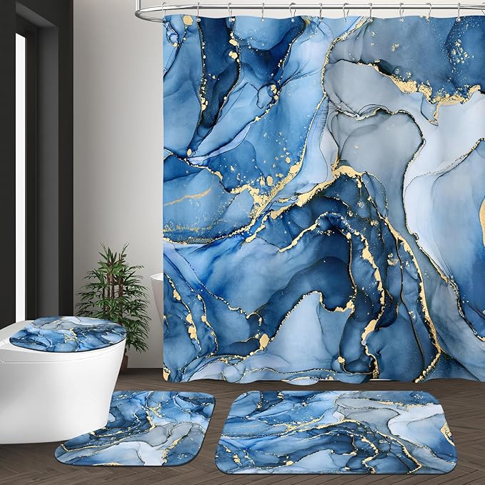 4PCS Blue Gold Marble Shower Curtain Sets with Rugs, Abstract Bathroom Sets with Shower Curtain and Rugs, Modern Bathroom Curtains Shower Set with Toilet Lid Cover for Luxury Bathroom Decor